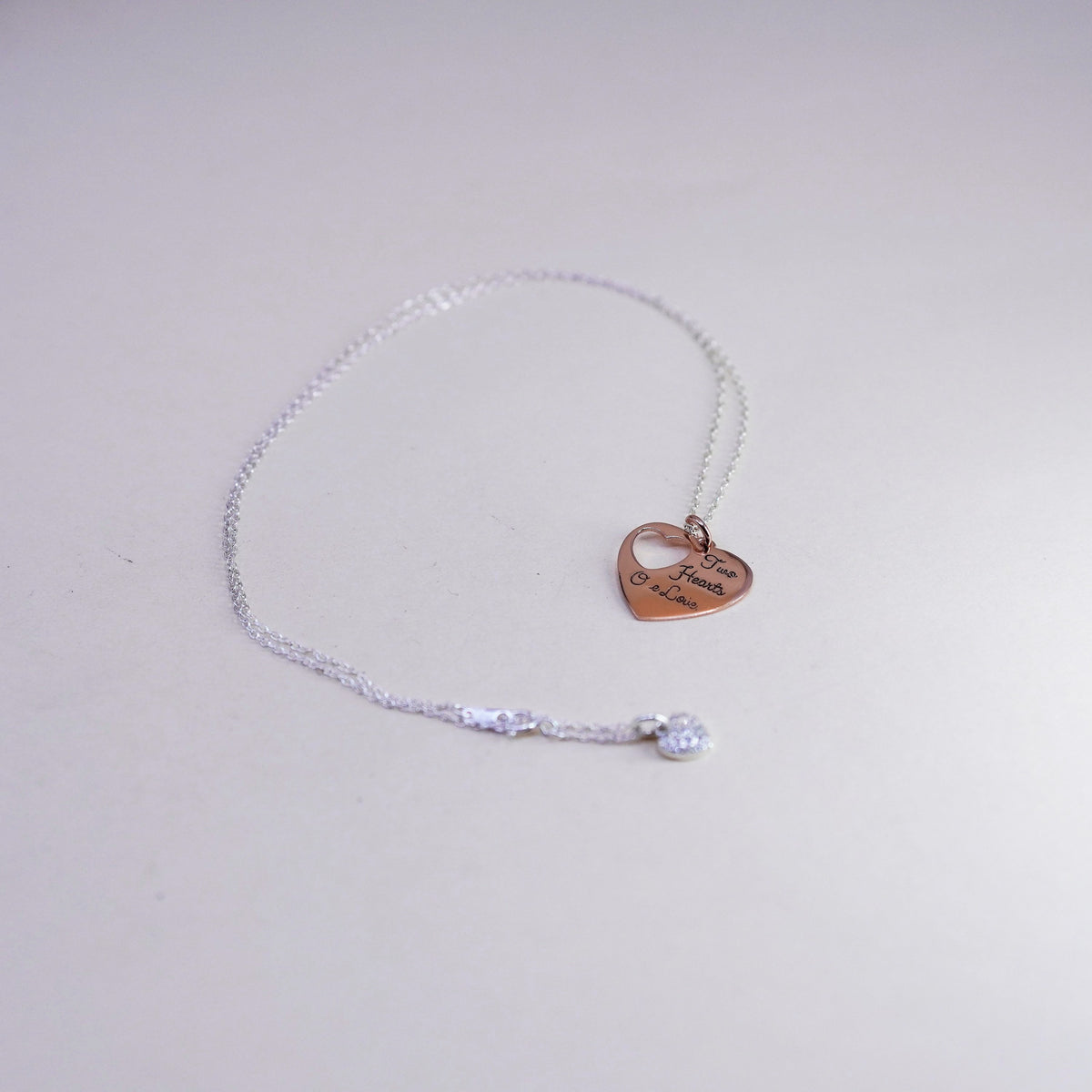 18”, Sterling silver necklace, 925 circle rose gold pendant two hearts one love