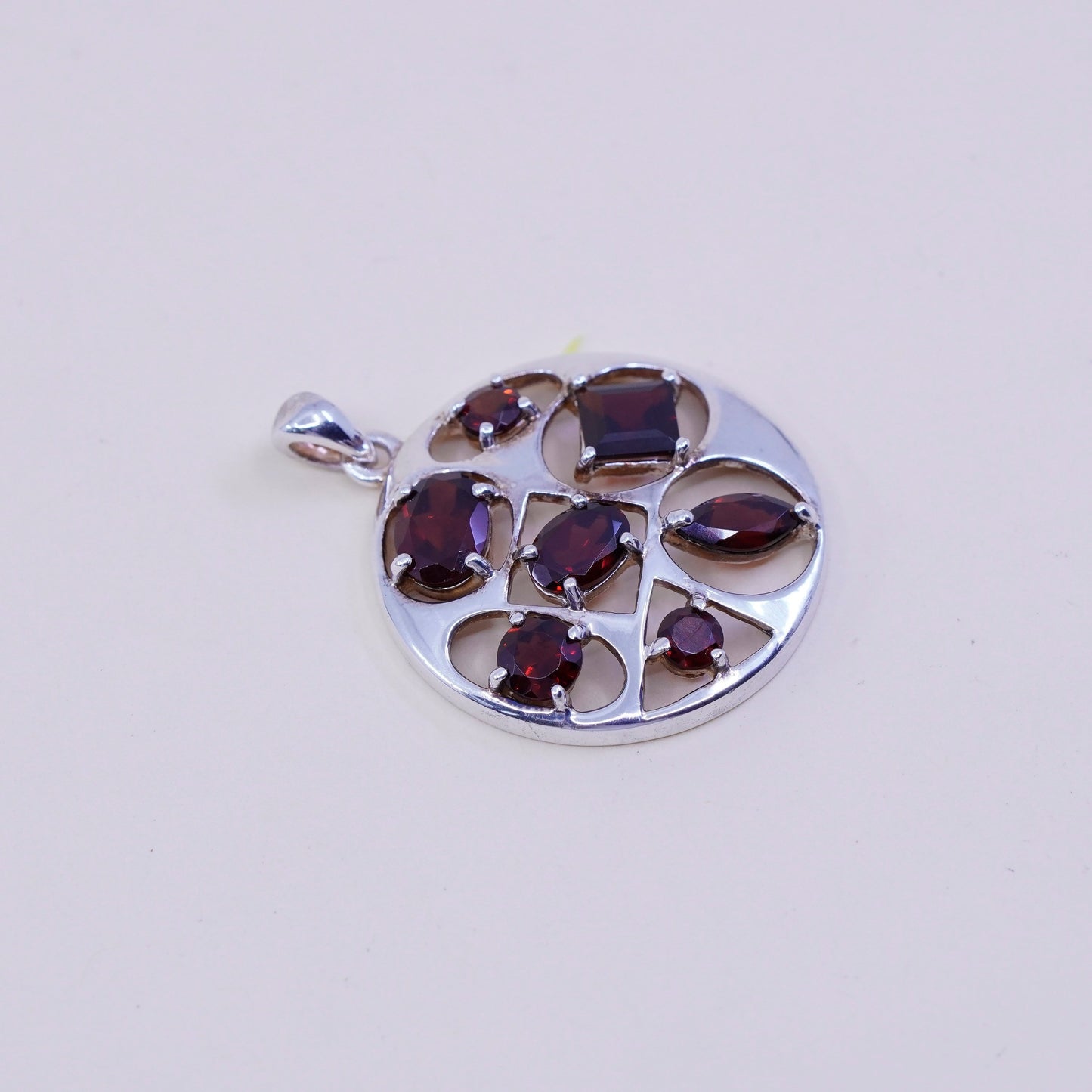 Vintage sterling silver handmade pendant, modern 925 circle with ruby