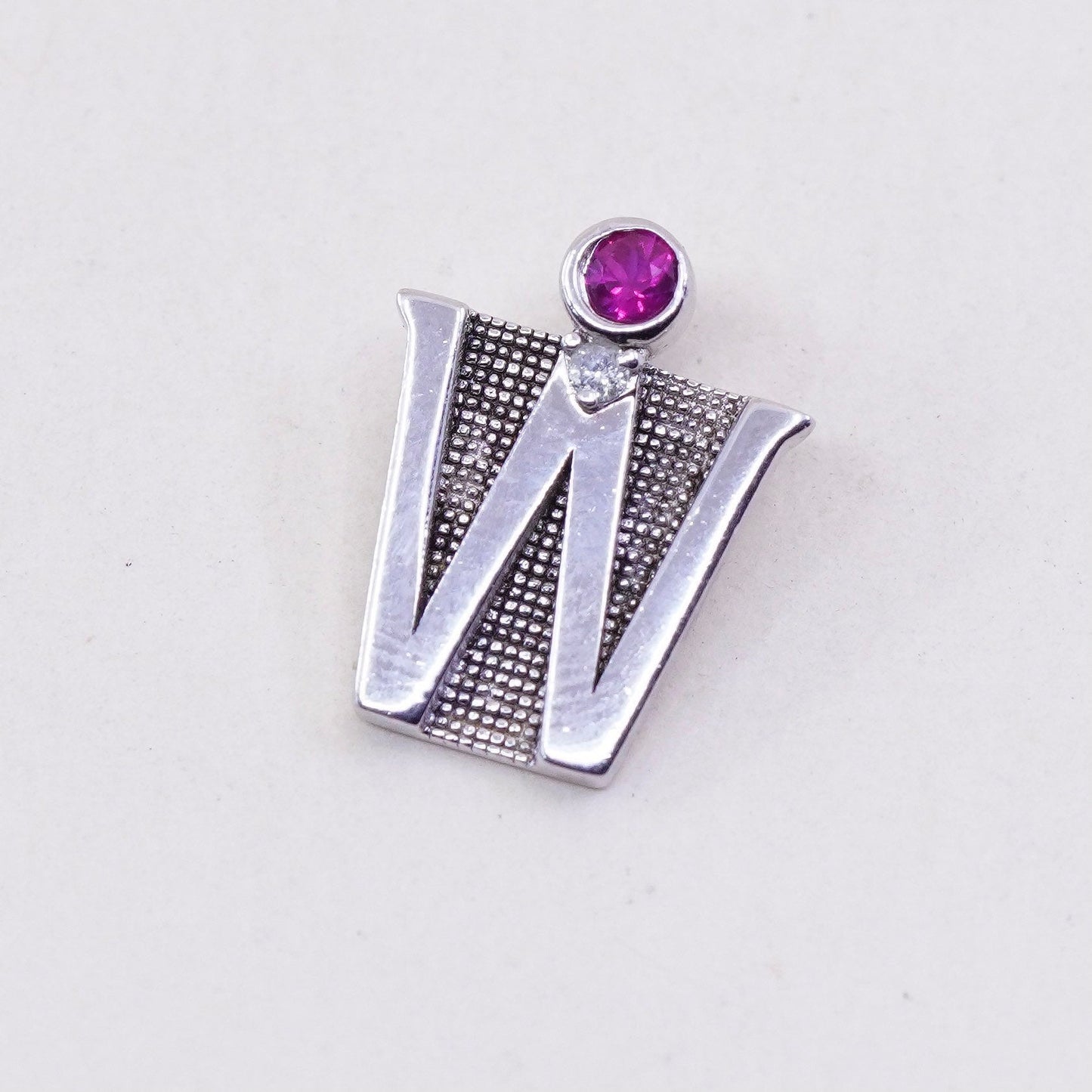 sterling 925 silver initial “w” pendant with genuine ruby and diamond