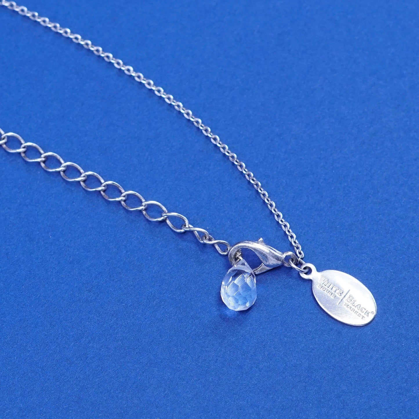 16”+2”, Black White House market silver tone necklace w/ Crystal teardrop