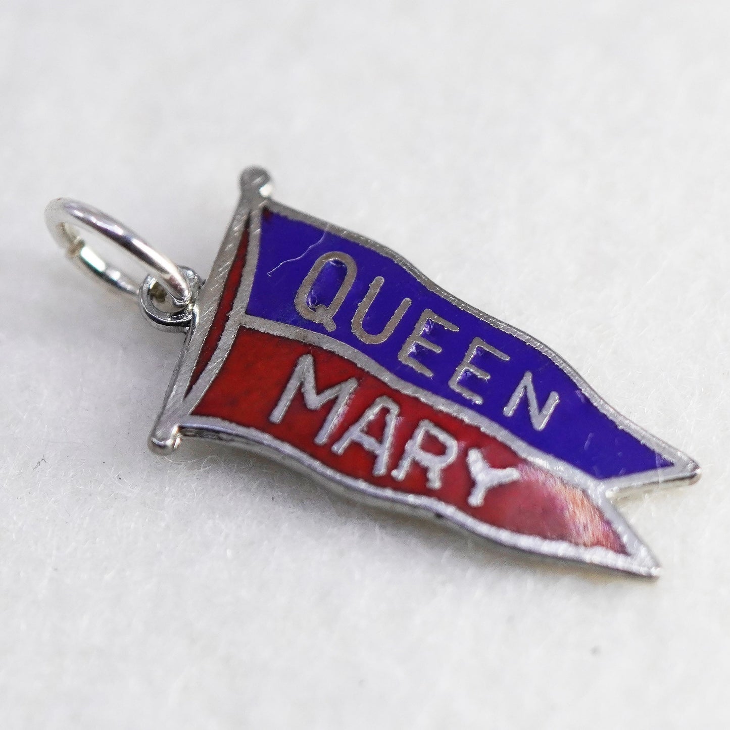 Vintage sterling 925 silver enamel charm with flag embossed “Queen Mary”