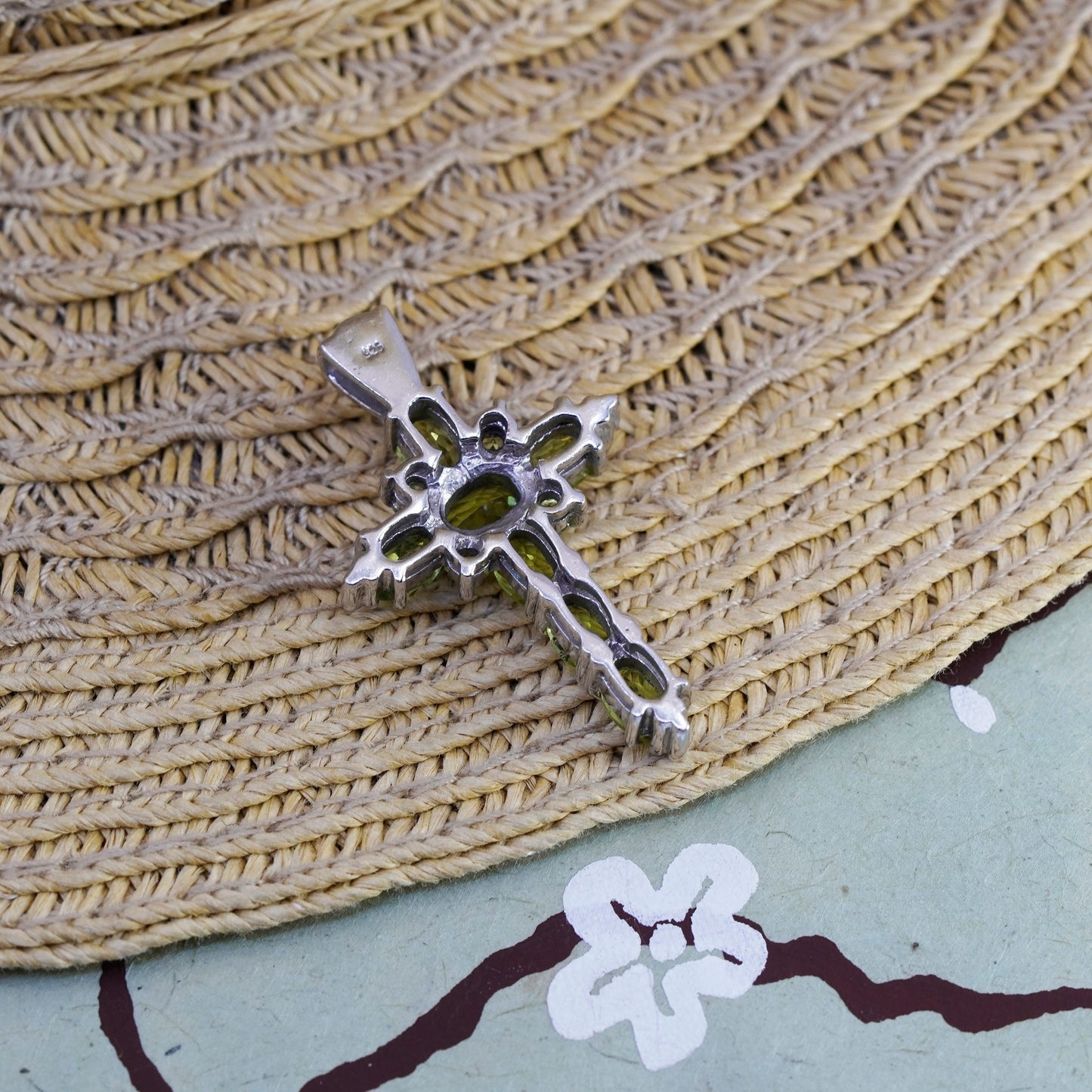 Vintage Sterling 925 silver handmade cross pendant with peridot inlay