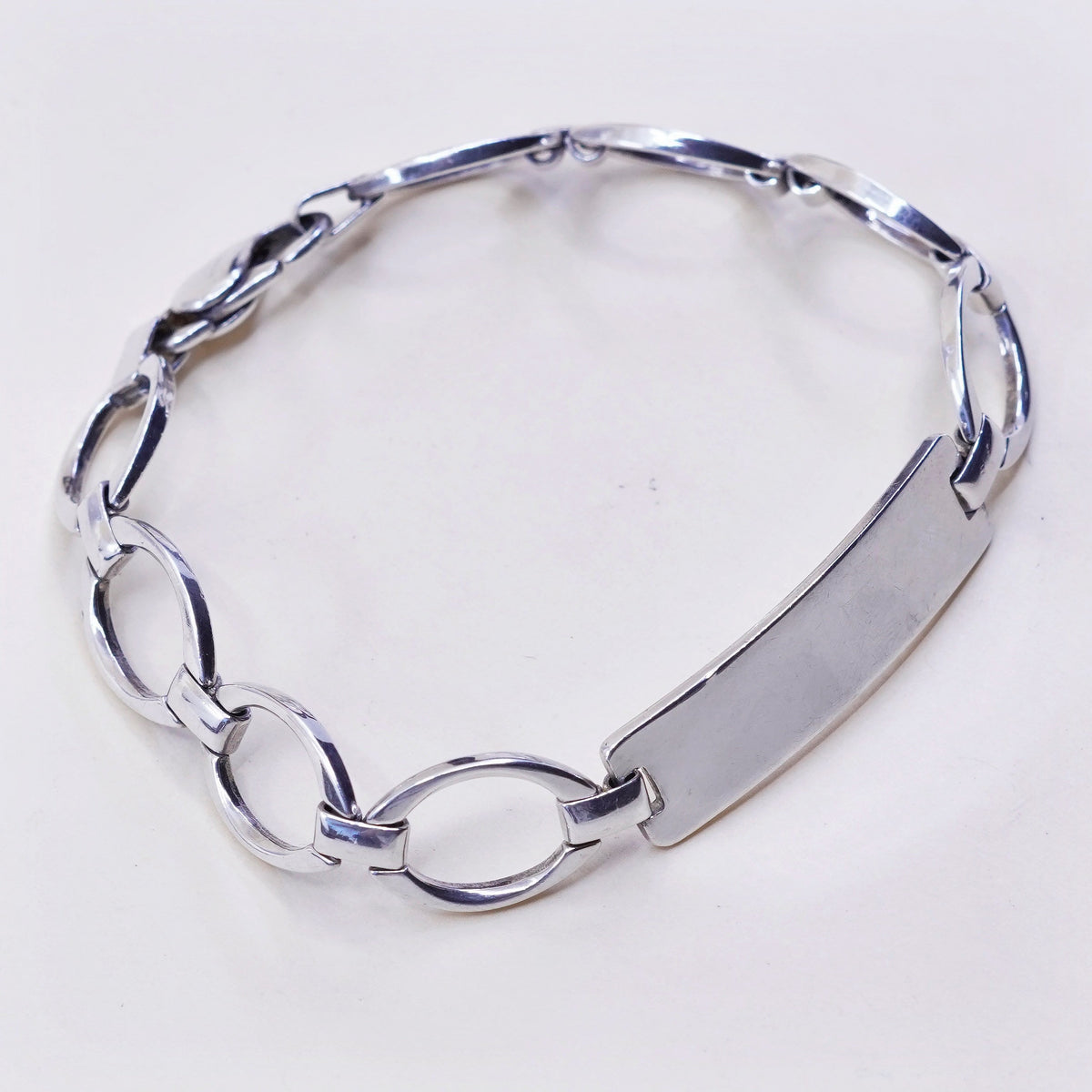 8”, Vintage sterling silver bracelet, 925 circle chain with blank bar tag