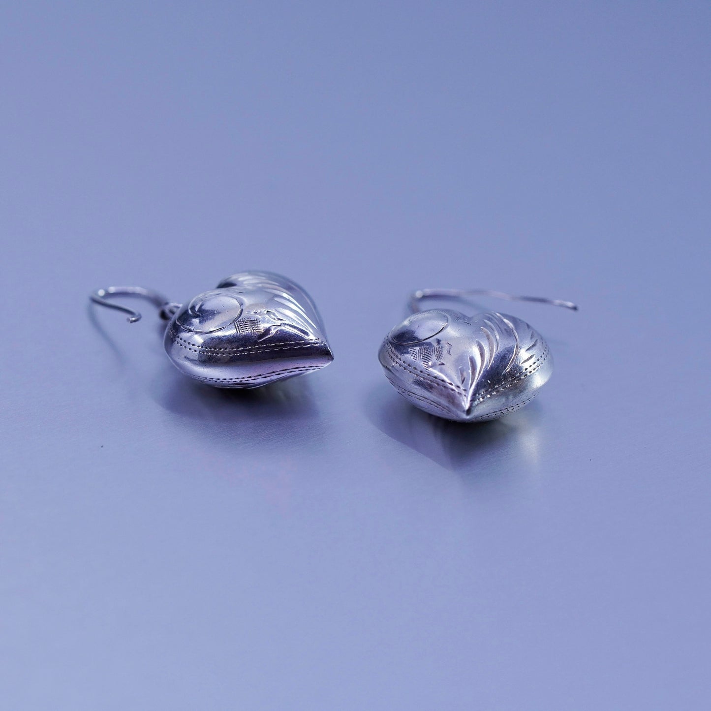 Vintage Sterling 925 silver handmade earrings with puffy textured heart dangles