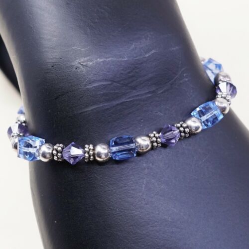 6.75”, Vtg Sterling Silver Handmade Bracelet, 925 Beads W/ Blue Glass Beads