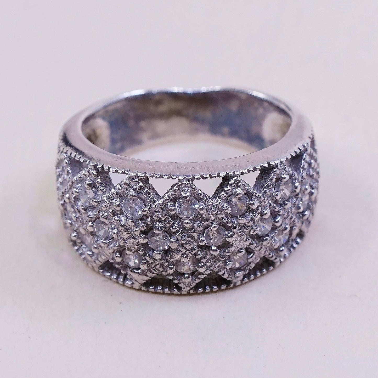 Size 6.75, vintage Sterling silver engagement ring, 925 band with cluster Cz