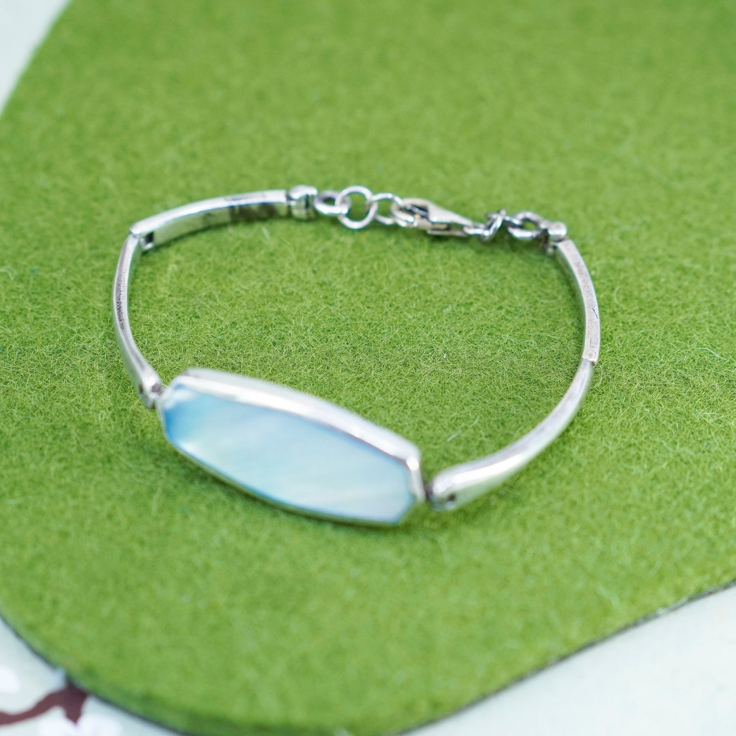 6.5”, vtg Sterling silver handmade bracelet, 925 bar chain with mother of pearl