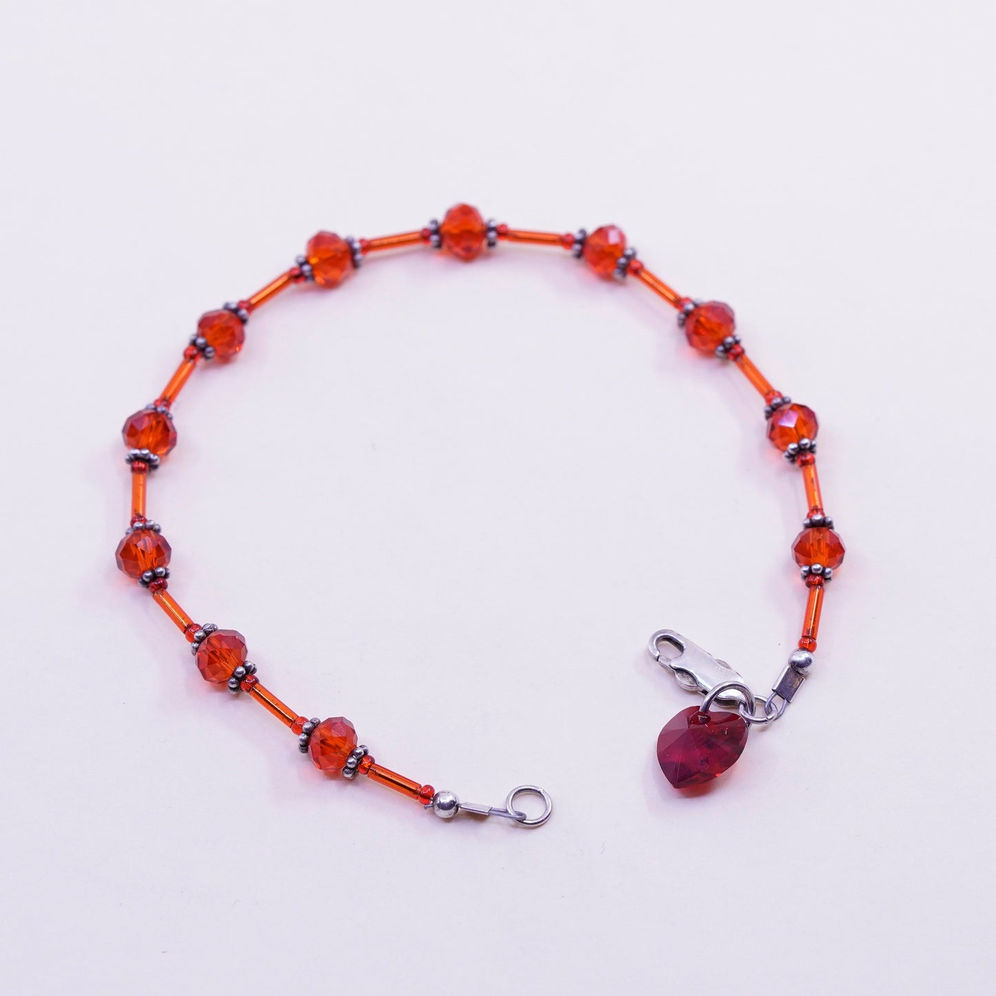 8”, vintage Sterling 925 silver handmade bracelet with red crystal beads