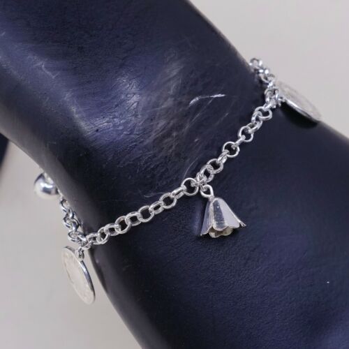 6.75”, 3mm, Vtg Sterling Silver Bracelet 925 Circle Chain W/ Sunflower N Chime