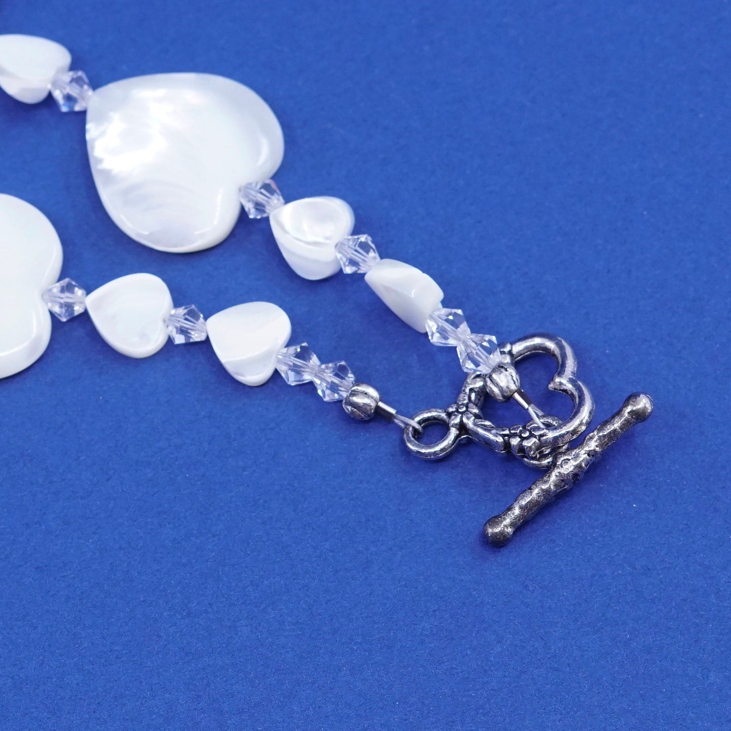 20”, vintage handmade necklace, mother of pearl heart with clear crystal