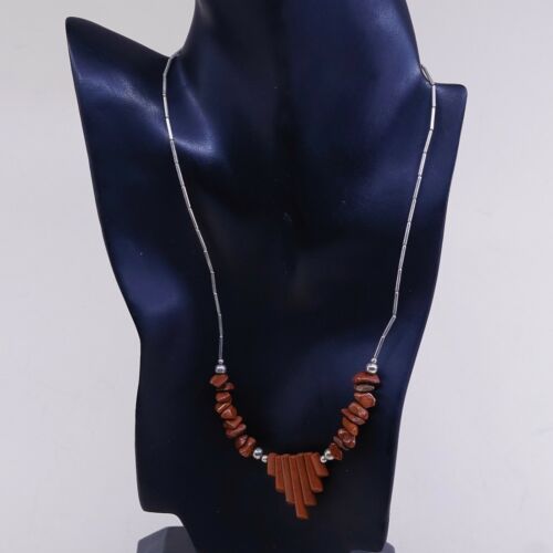 20”, Native American Sterling silver Bar Link necklace W/ Coral Long Bar Pendant