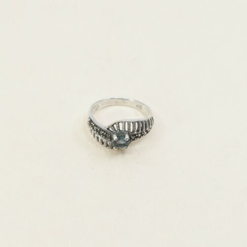 Sz 6, Sterling Silver handmade Ring, 925 Silver W/ Sapphire n marcasite, Stamped