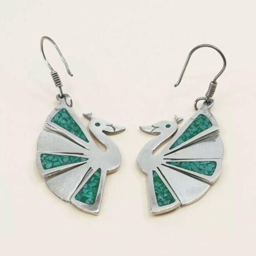 Vintage Southwestern handmade Sterling 925 Silver Peacock Earrings W/ Turquoise