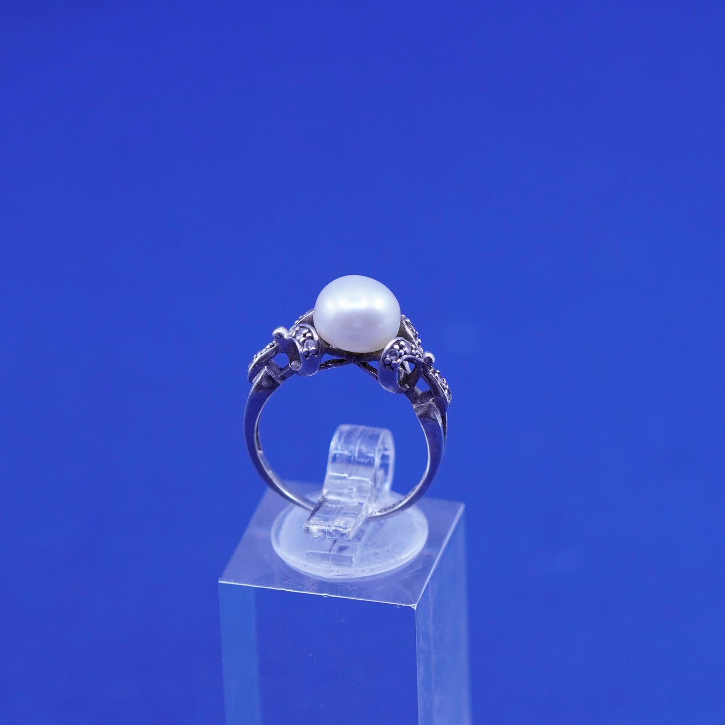 Size 6.5, sterling 925 silver handmade statement ring with pearl and diamond