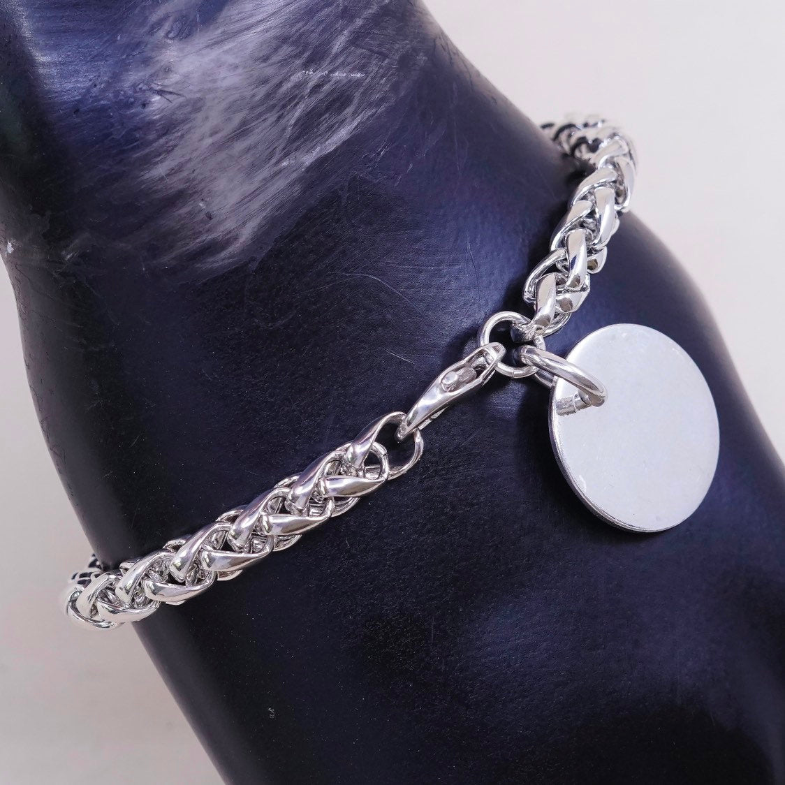 7", VTG sterling silver handmade bracelet, 925 wheat link chain w/ blank charm