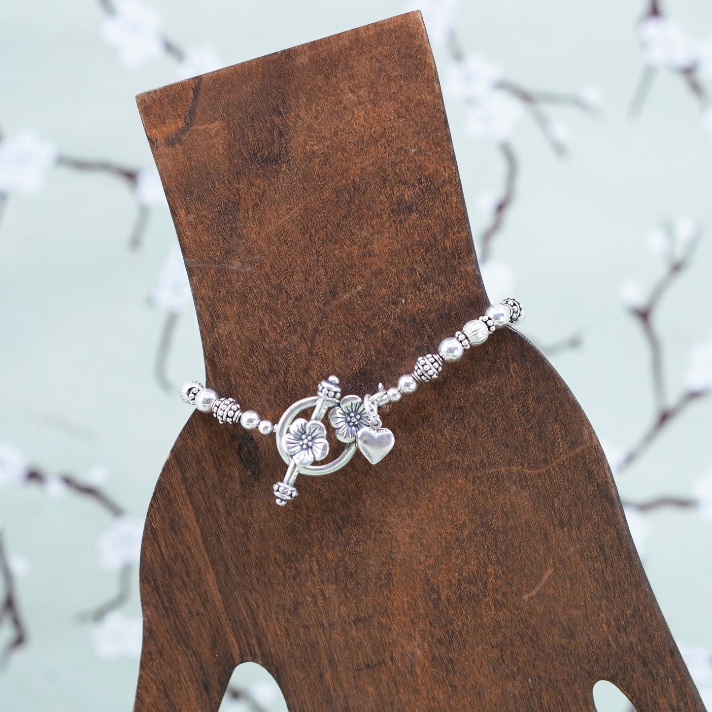 6”, Vintage Sterling 925 silver handmade beads bracelet with crystals flower