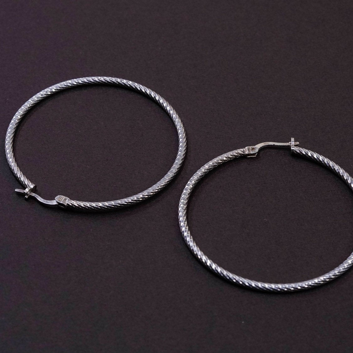 1.75", vintage Sterling silver handmade earrings, twisted textured 925 hoops