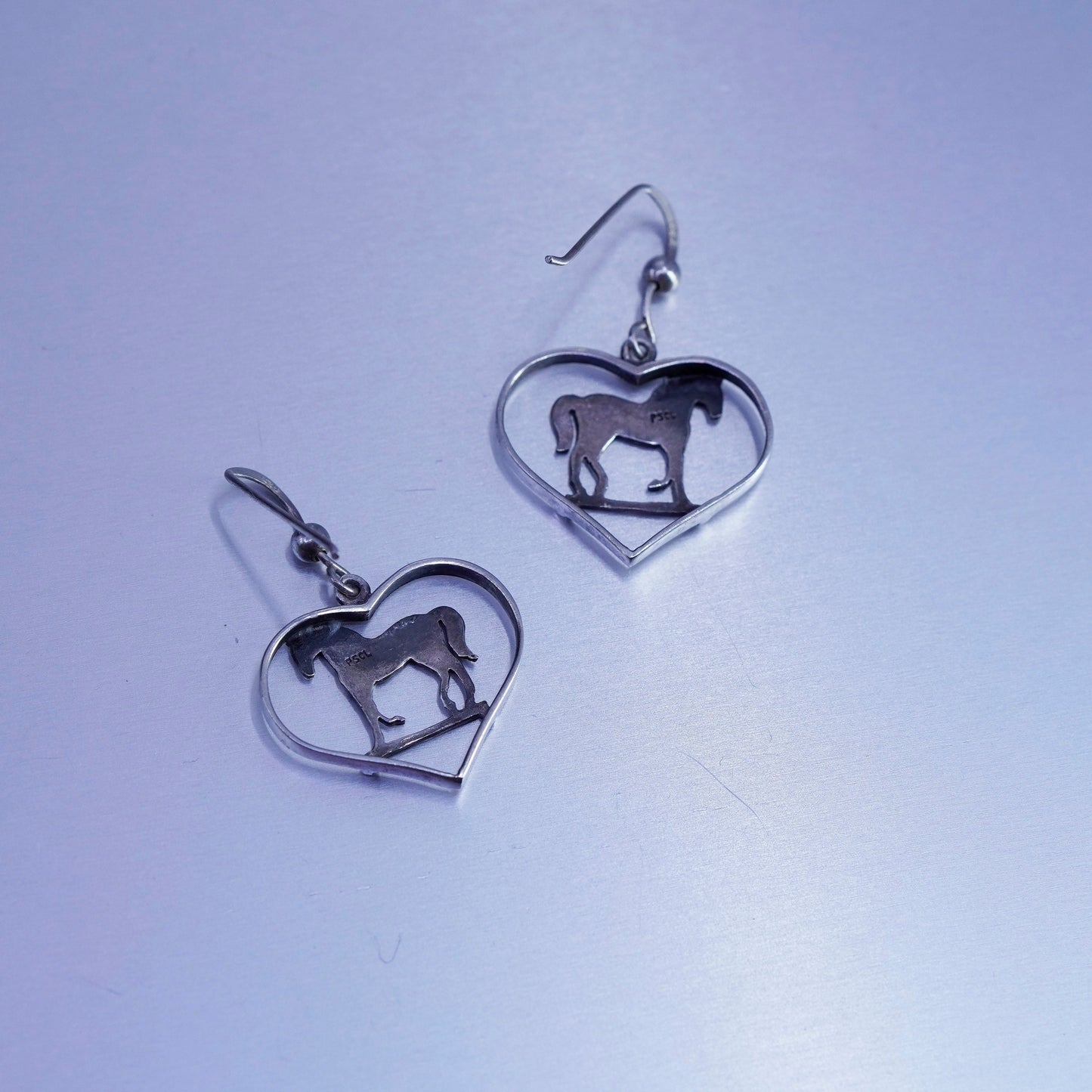 Vintage Sterling 925 silver handmade heart earrings with horse