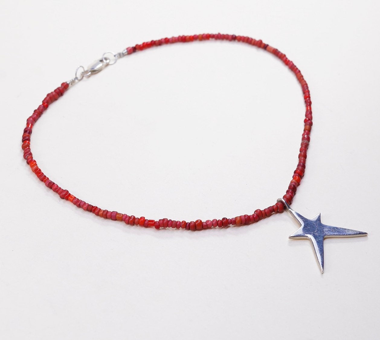 17”, RLA Native American necklace heishi coral beads W sterling 925 silver star