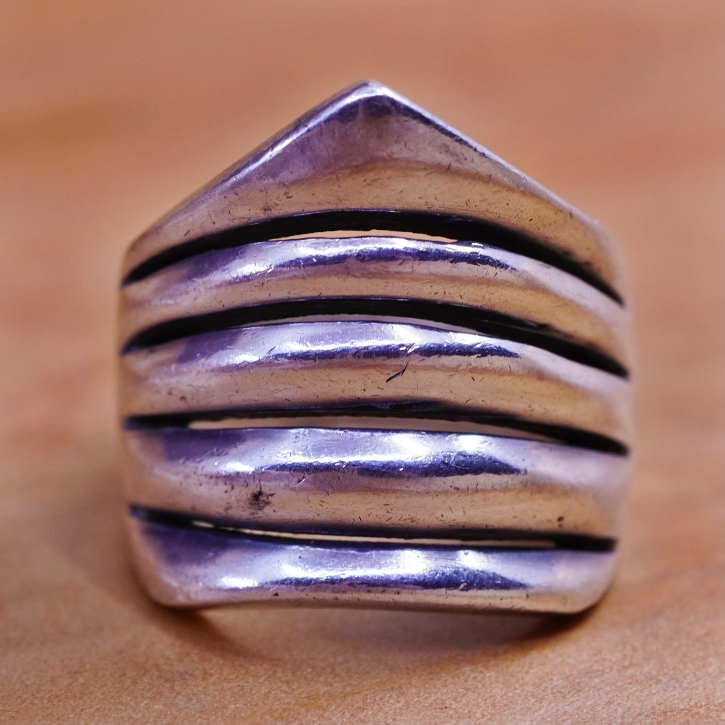 Size 7, vintage Mexico sterling silver handmade ring, 925 ribbed band