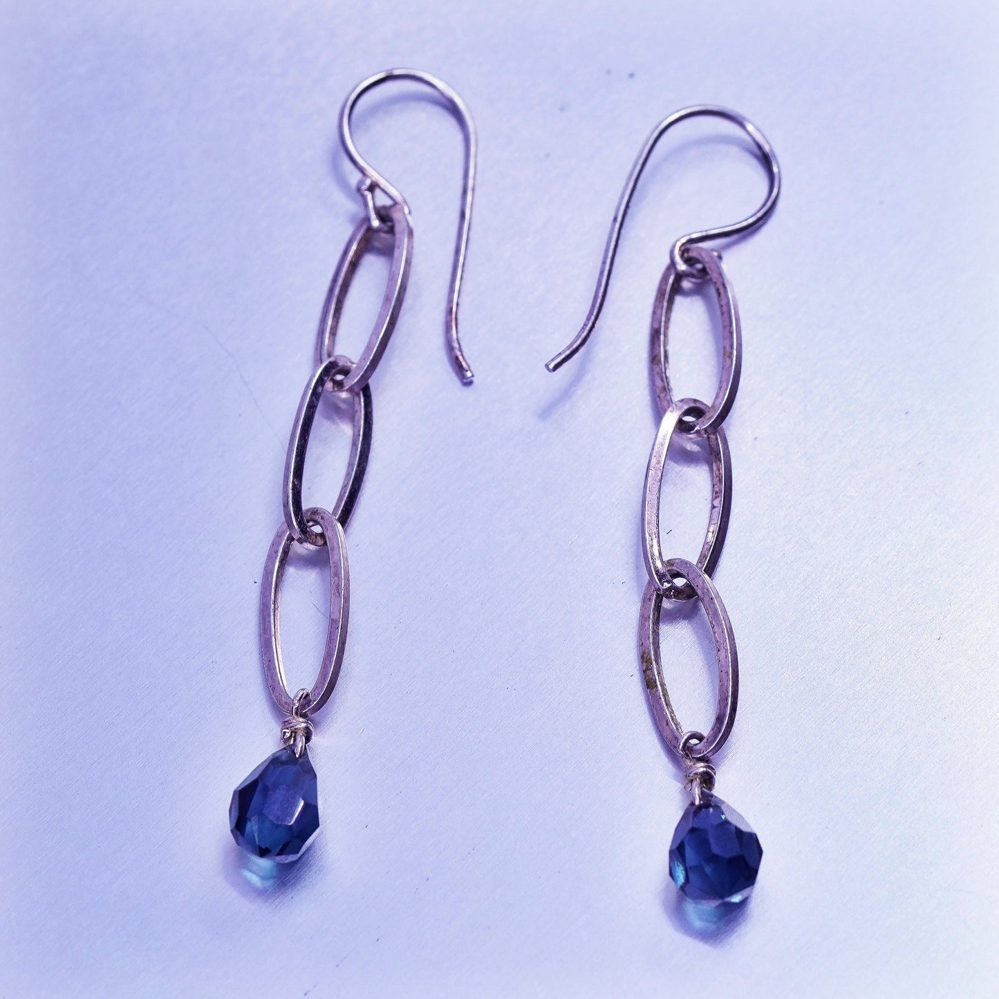 Vintage Sterling 925 silver handmade oval link earrings with teardrop topaz