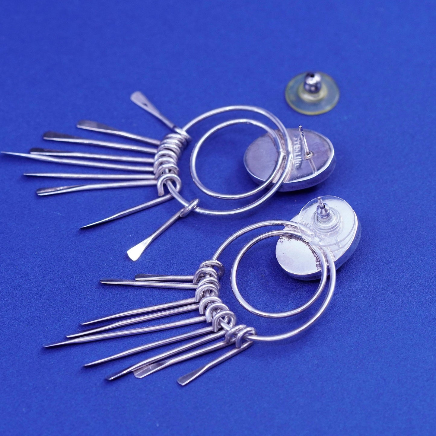 southwestern sterling silver handmade earrings, 925 fringe drops oval azurite