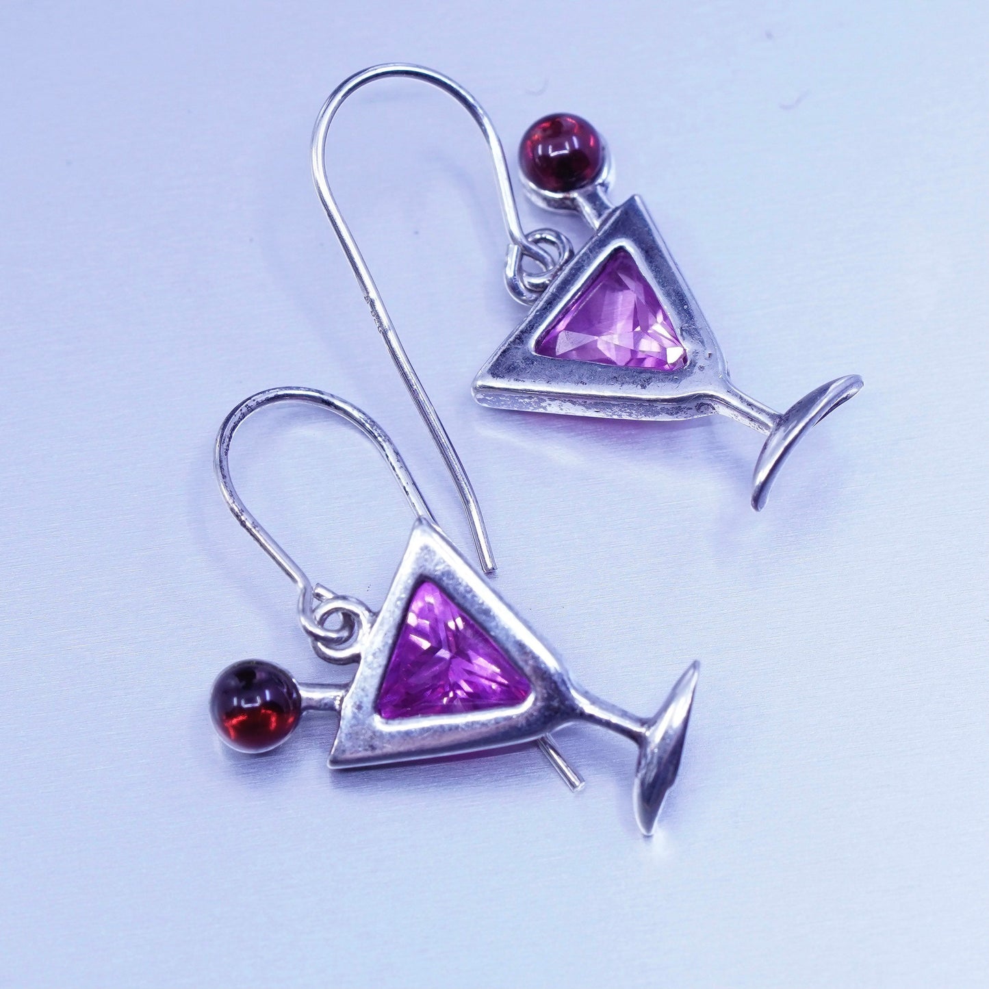 vtg Sterling 925 silver handmade cocktail earrings pink crystal garnet olive