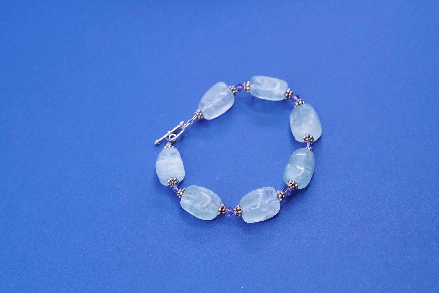 6.5”, Sterling silver bracelet, 925 bead charm with nugget prehnite grape stone