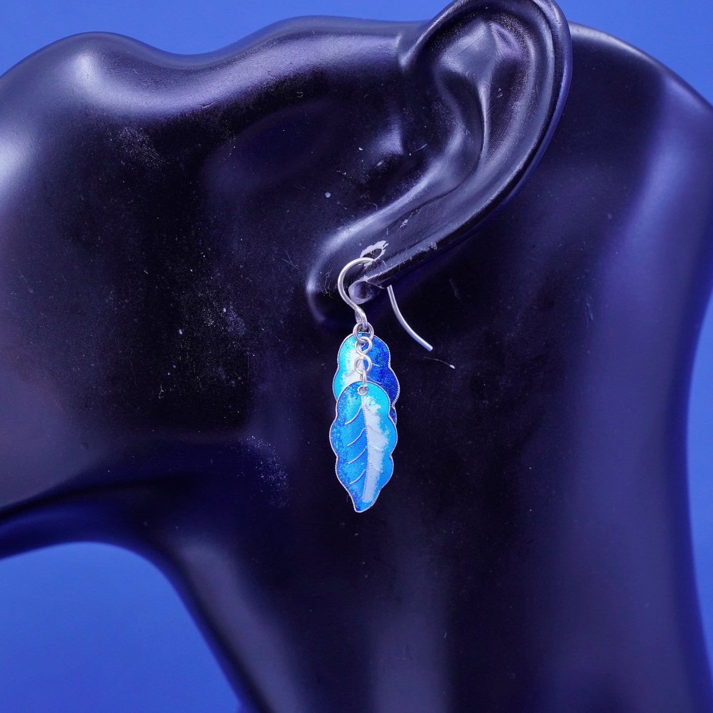 Vintage Sterling 925 silver handmade earrings, blue enamel leaves