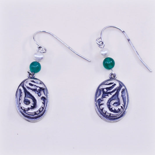 Vintage sterling silver handmade earrings, 925 snake drops with pearl