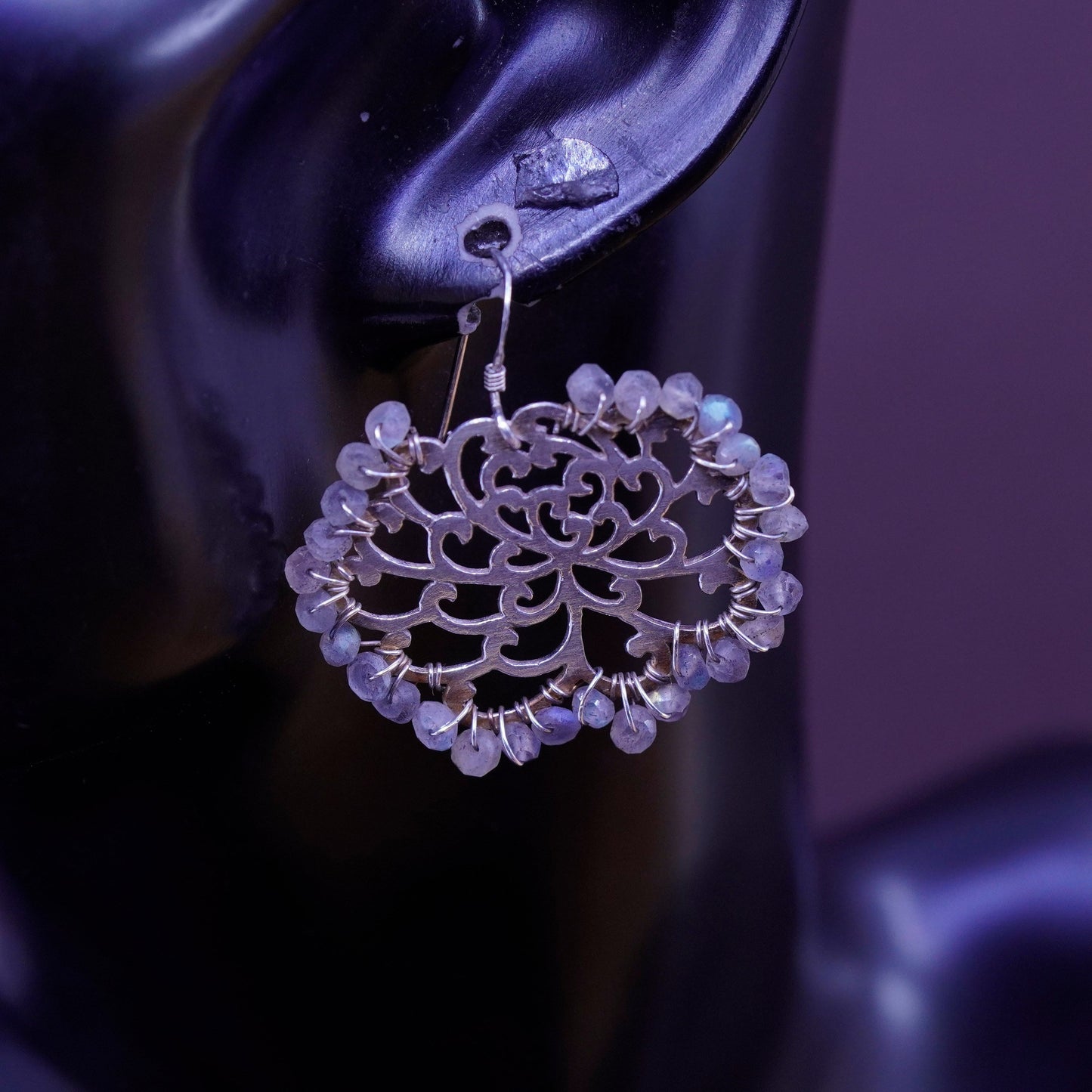 Vintage Sterling 925 silver handmade flower earrings with cluster moonstone