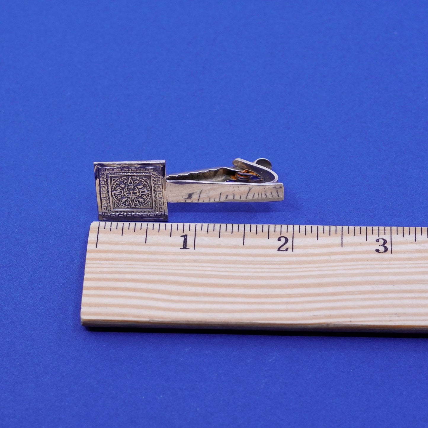 Vintage Sterling silver handmade tie clip, 925 tieclip with mayan calendar