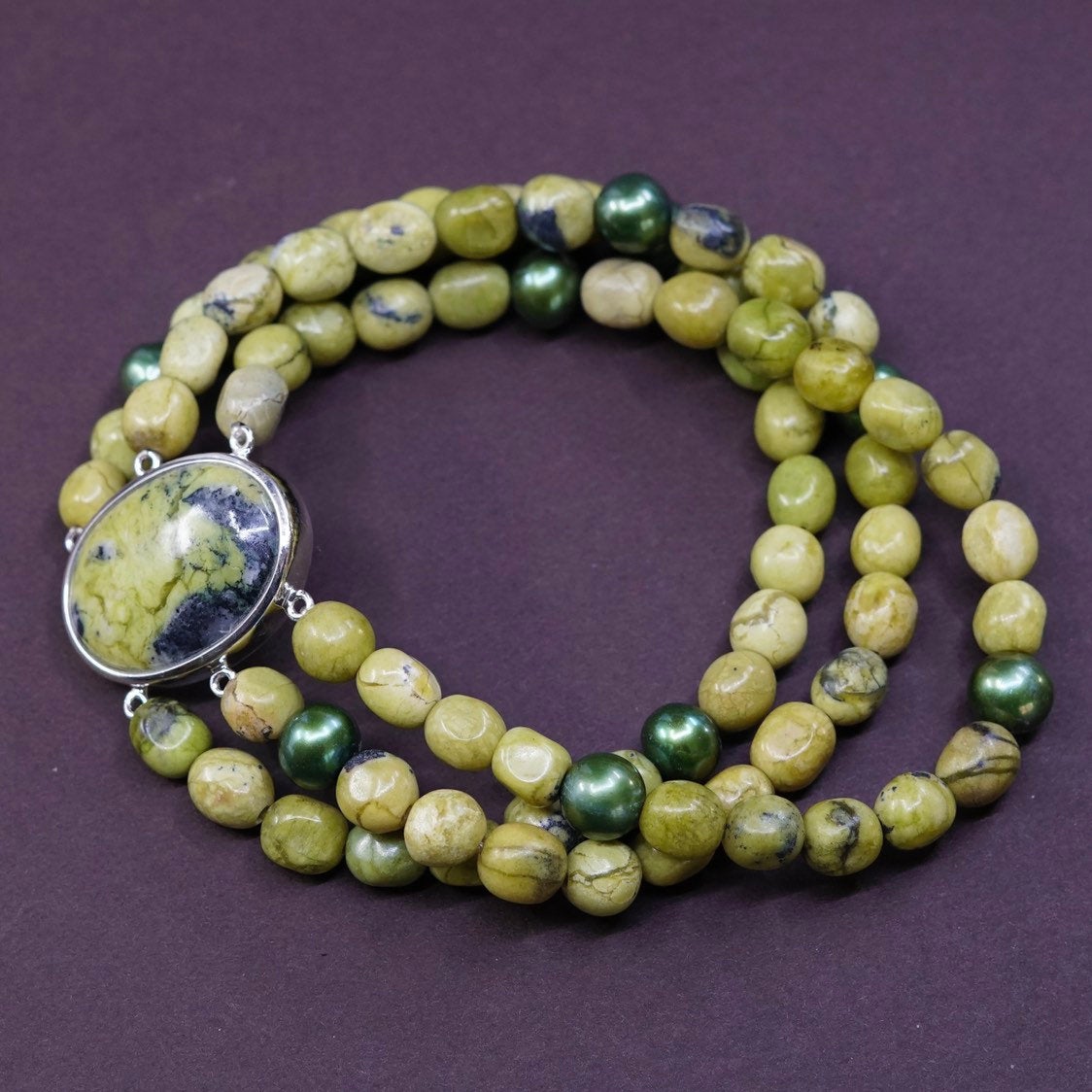 7” vtg sterling 925 silver handmade bracelet, green beads elastic band