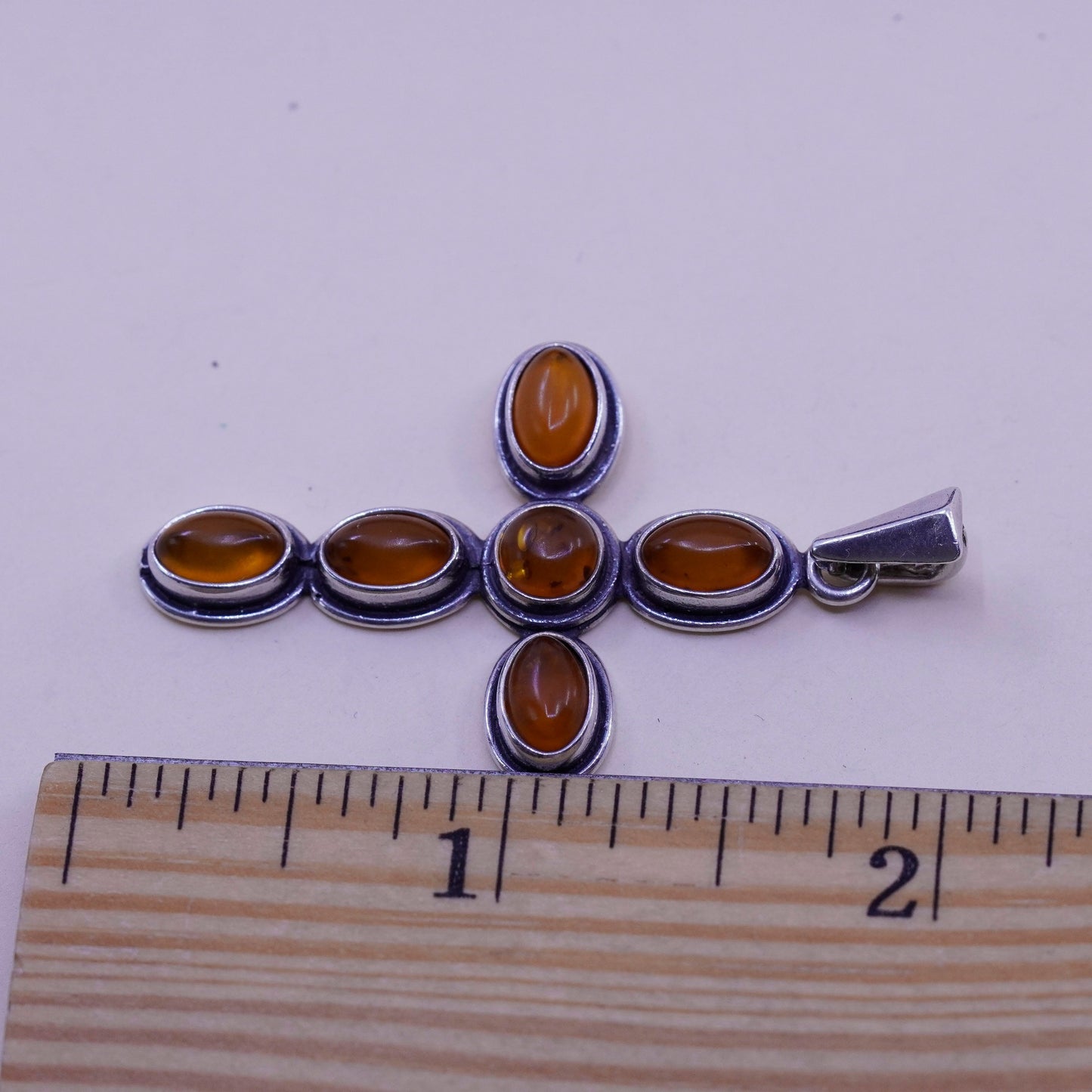 Vintage sterling 925 silver handmade cross pendant with amber