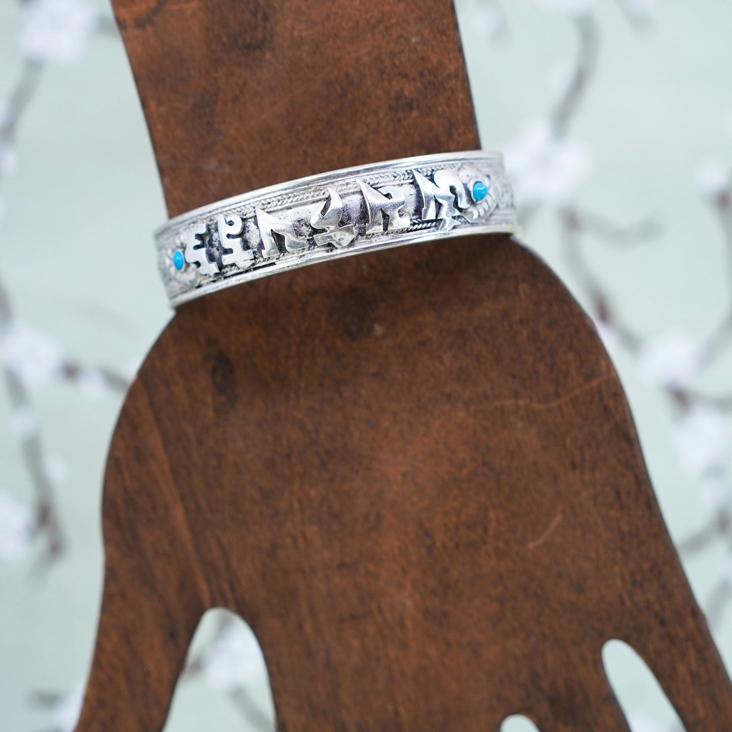 6”, Israel Sterling silver bracelet, handmade 925 cuff Hebrew words turquoise