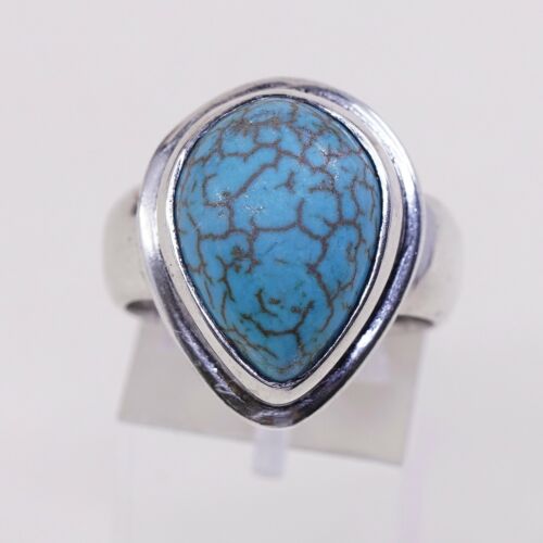 Sz 8.5, Vtg Sterling Silver Handmade Ring W/ Teardrop Turquoise, Stamped 925