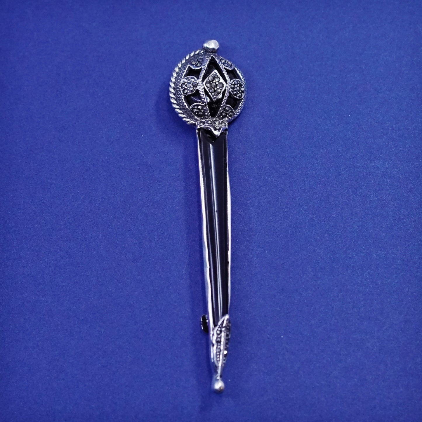 Sterling silver handmade brooch, 925 crown scepter pin with onyx and marcasite
