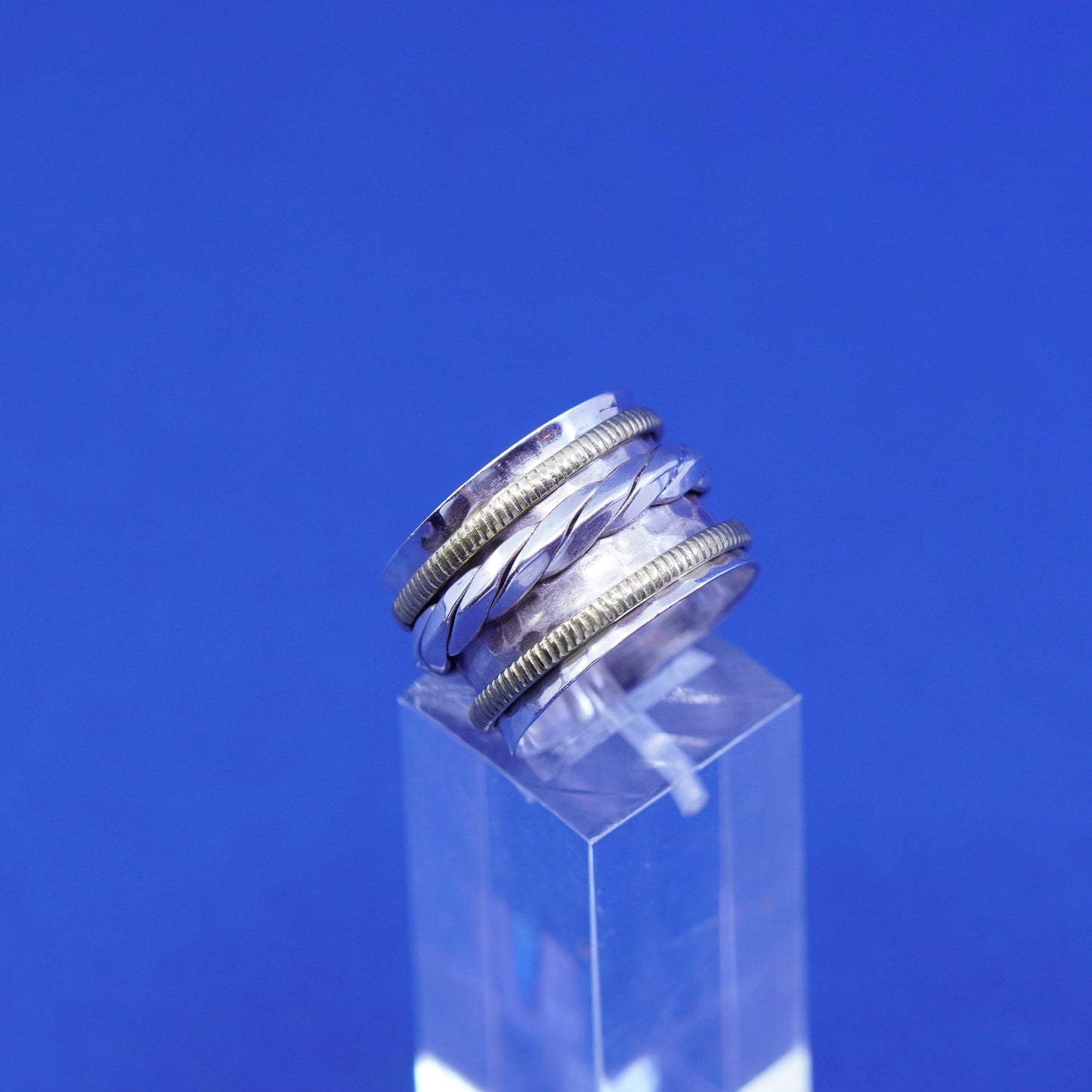Size 6.5, vtg two tone sterling silver band with copper cable, 925 spinner ring