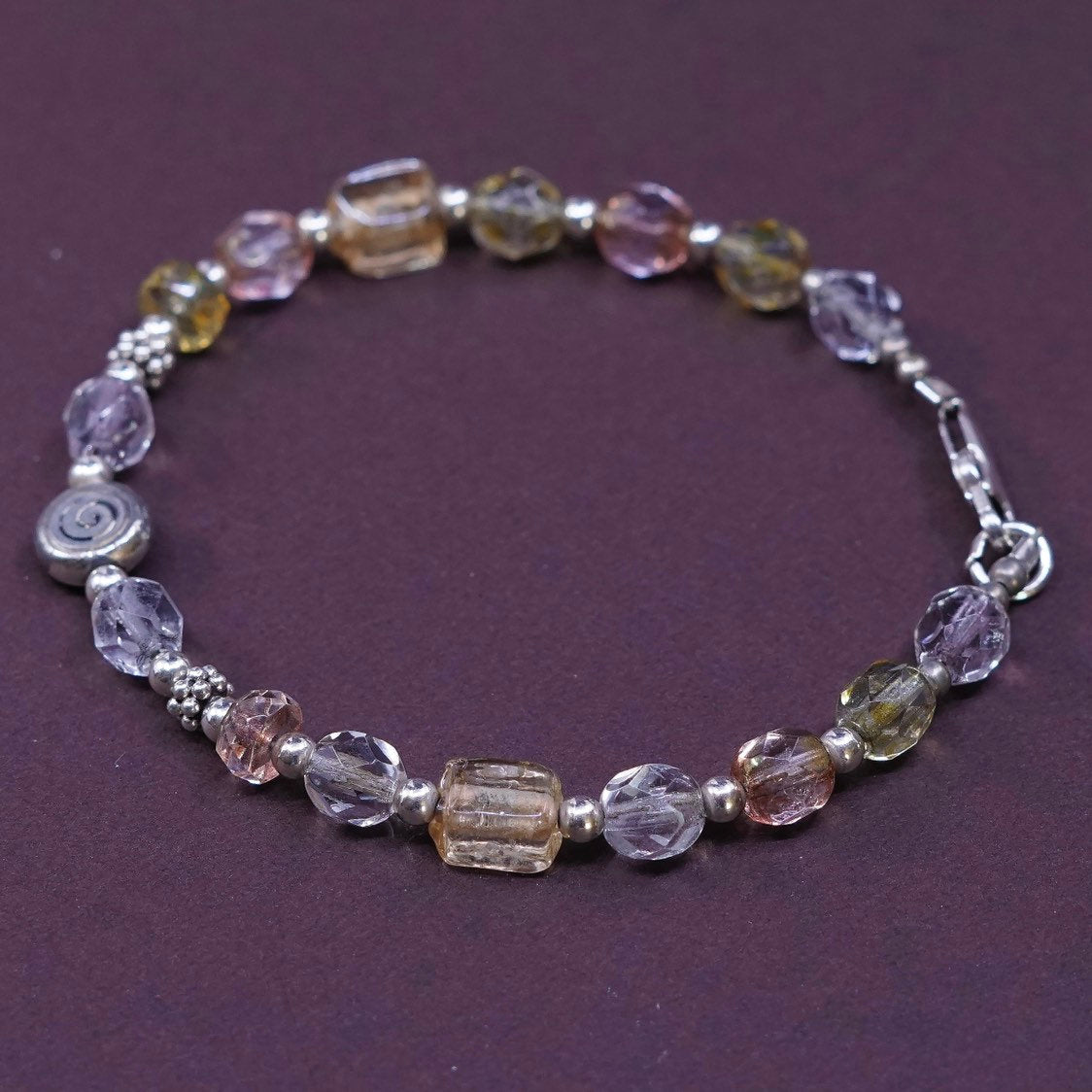 6.75", vtg Sterling silver handmade brown N yellow crystal beads bracelet