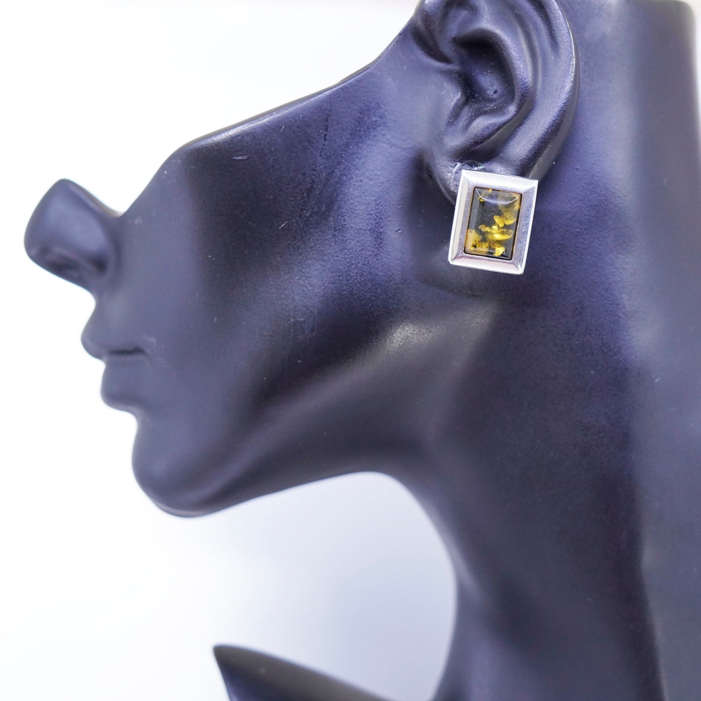 Vintage Sterling 925 silver handmade earrings, rectangular amber studs