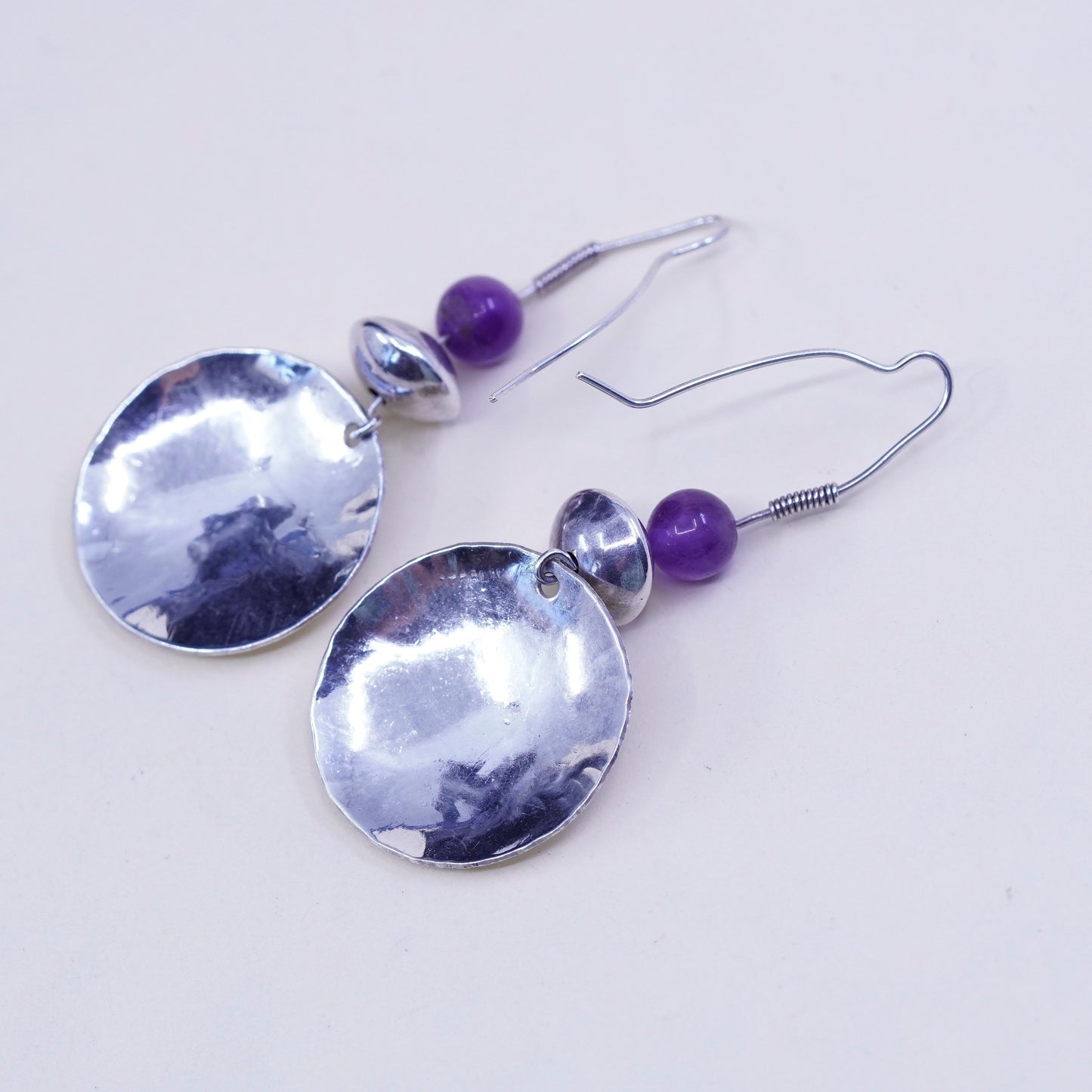 Sterling silver handmade earrings, hammered 925 circle dangle with amethyst