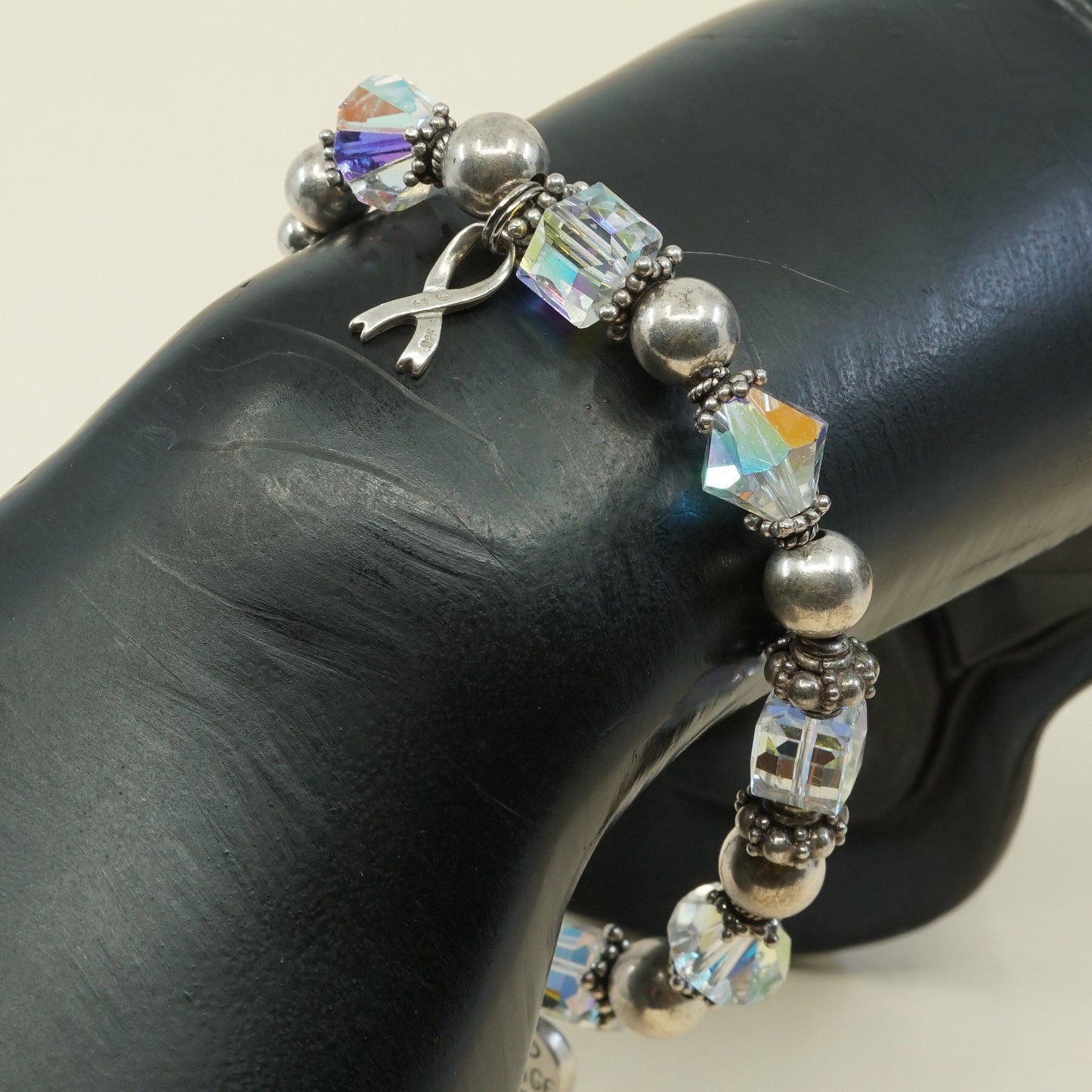 7", VTG Sterling silver handmade bracelet, 925 beads w/ crystal beads N heart