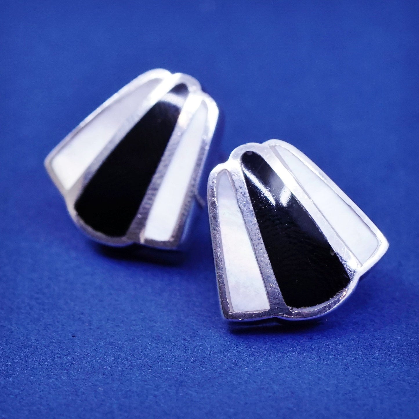 sterling silver handmade earrings, 925 studs with mother of pearl and obsidian