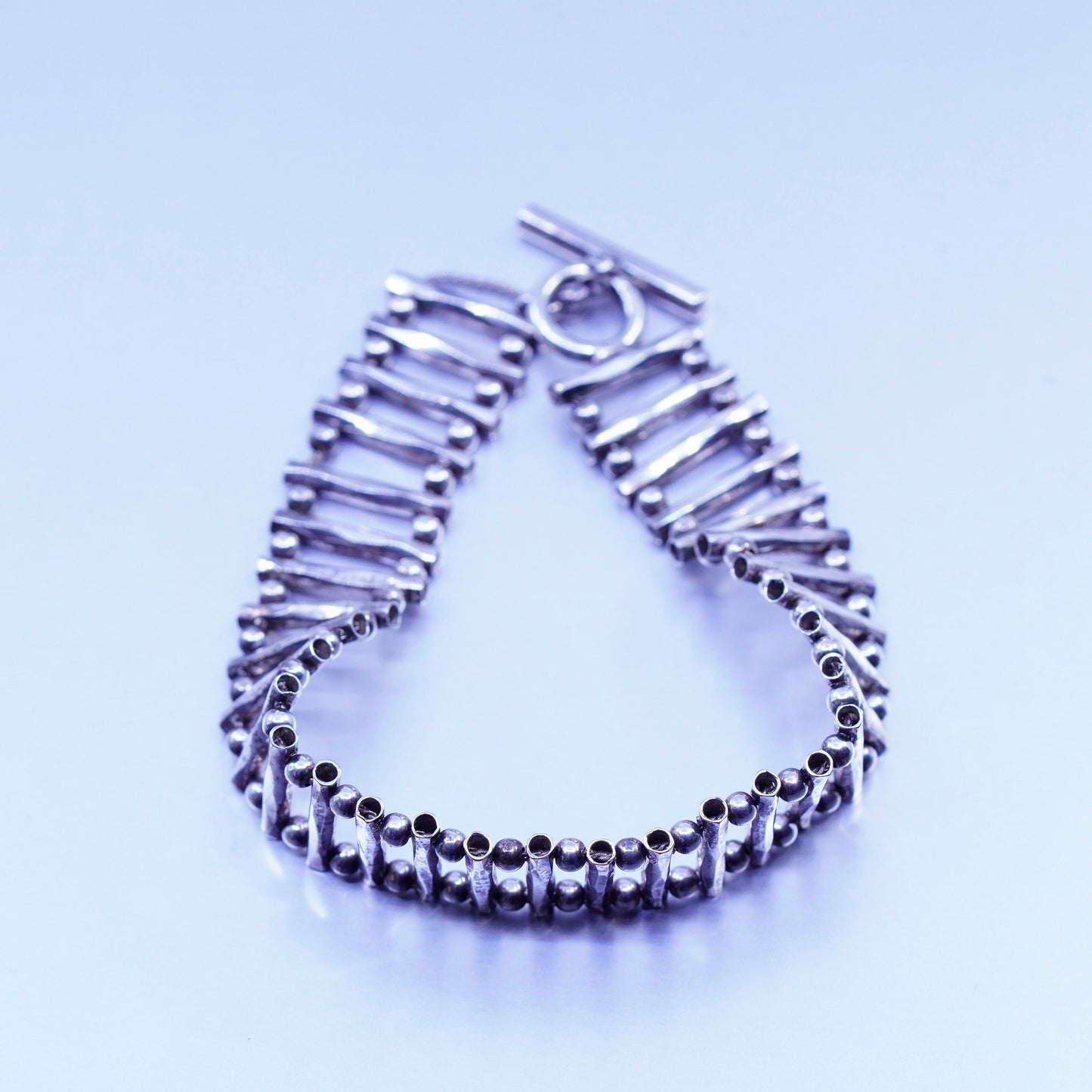 7.5”, Vintage Sterling 925 silver handmade bracelet, modern bar bead chain