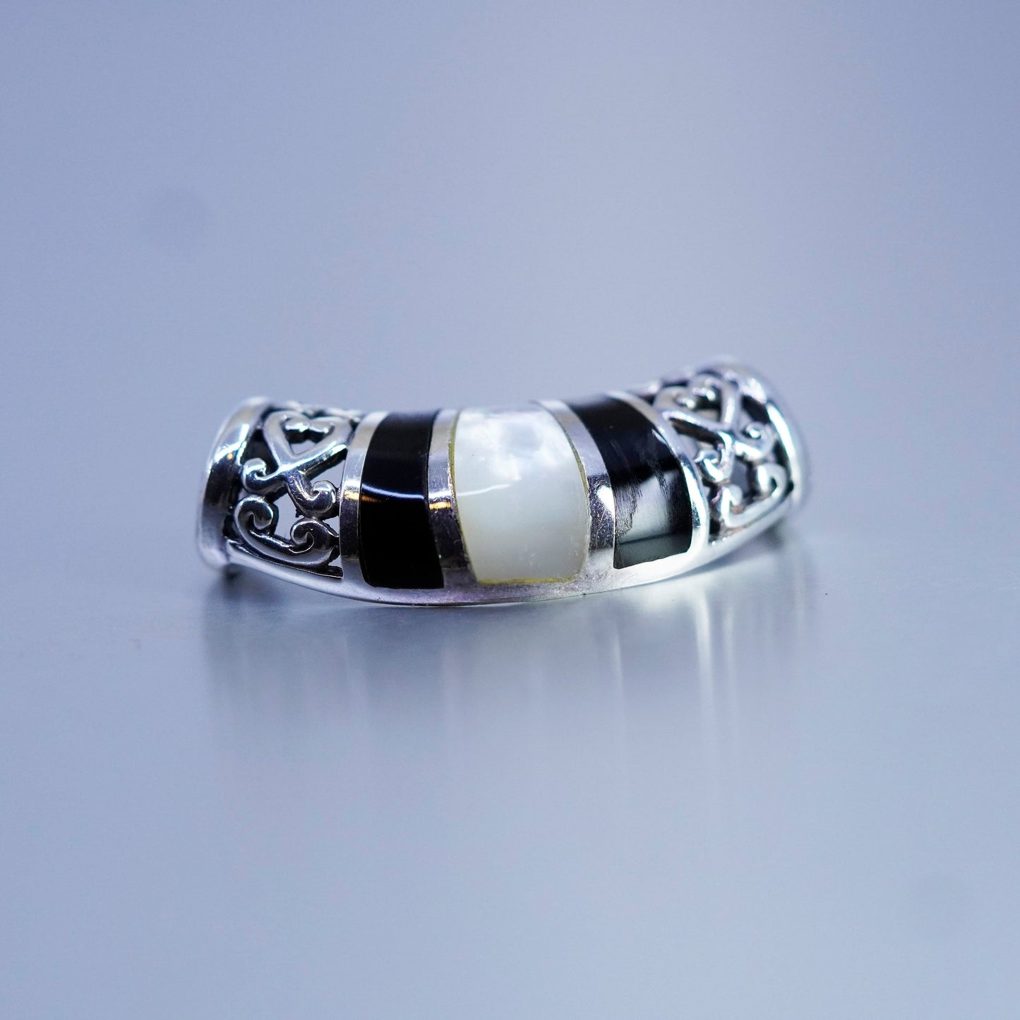 Vintage sterling 925 silver handmade Bali slide pendant w/ mother of pearl onyx