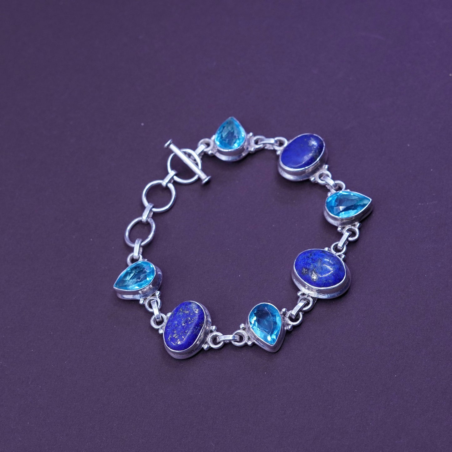 7+1”, Sterling 925 silver handmade bracelet with lapis lazuli N teardrop topaz