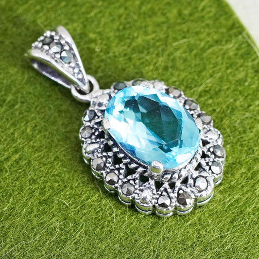vintage sterling 925 silver handmade pendant with oval topaz and marcasite