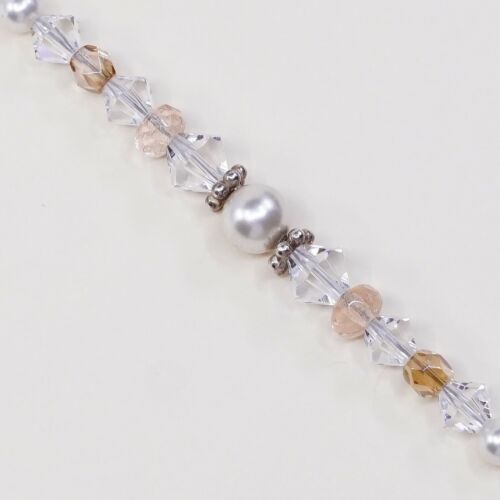 7”, Vtg Sterling Silver Handmade Bead Bracelet, 925 Swarovski Crystal W/ Toggle