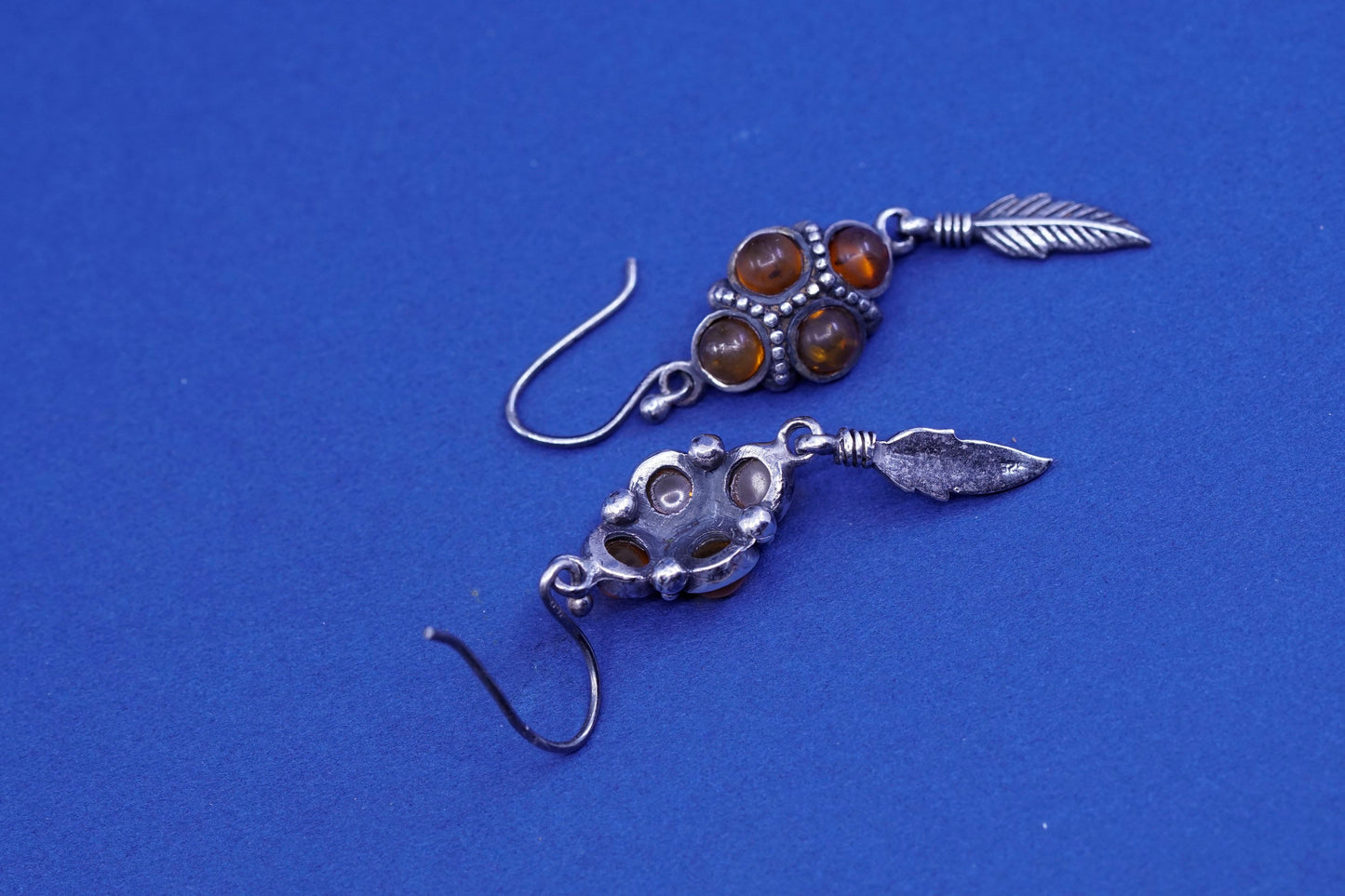 Vintage sterling 925 silver handmade earrings with amber and feather drop