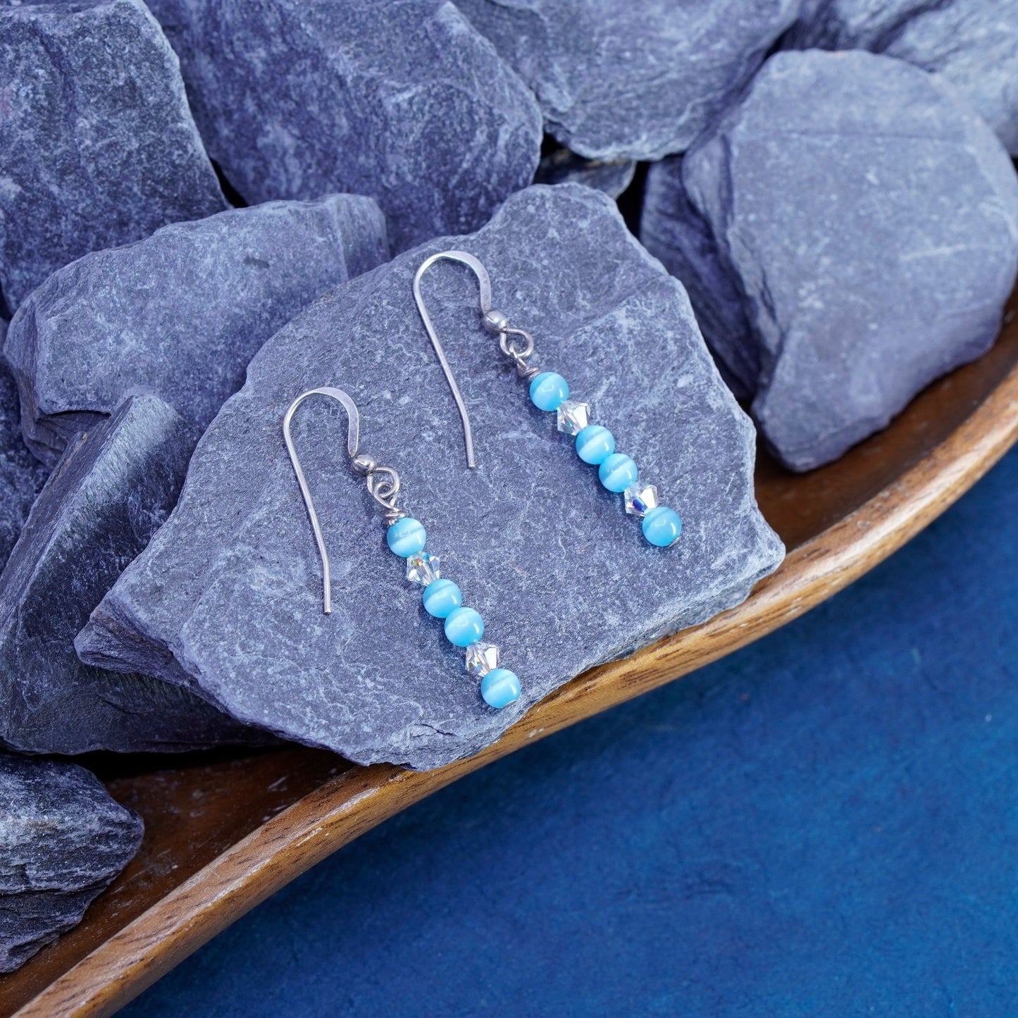 Vintage sterling 925 silver handmade earrings with blue tiger eye beads